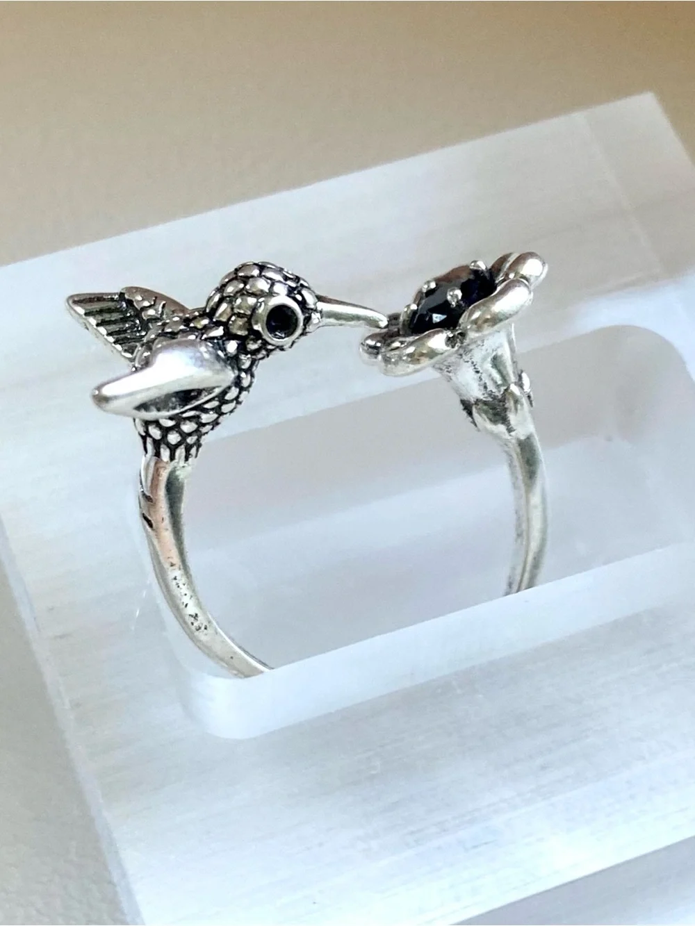 Silver Hummingbird and Flower Open Ring — Silver Color